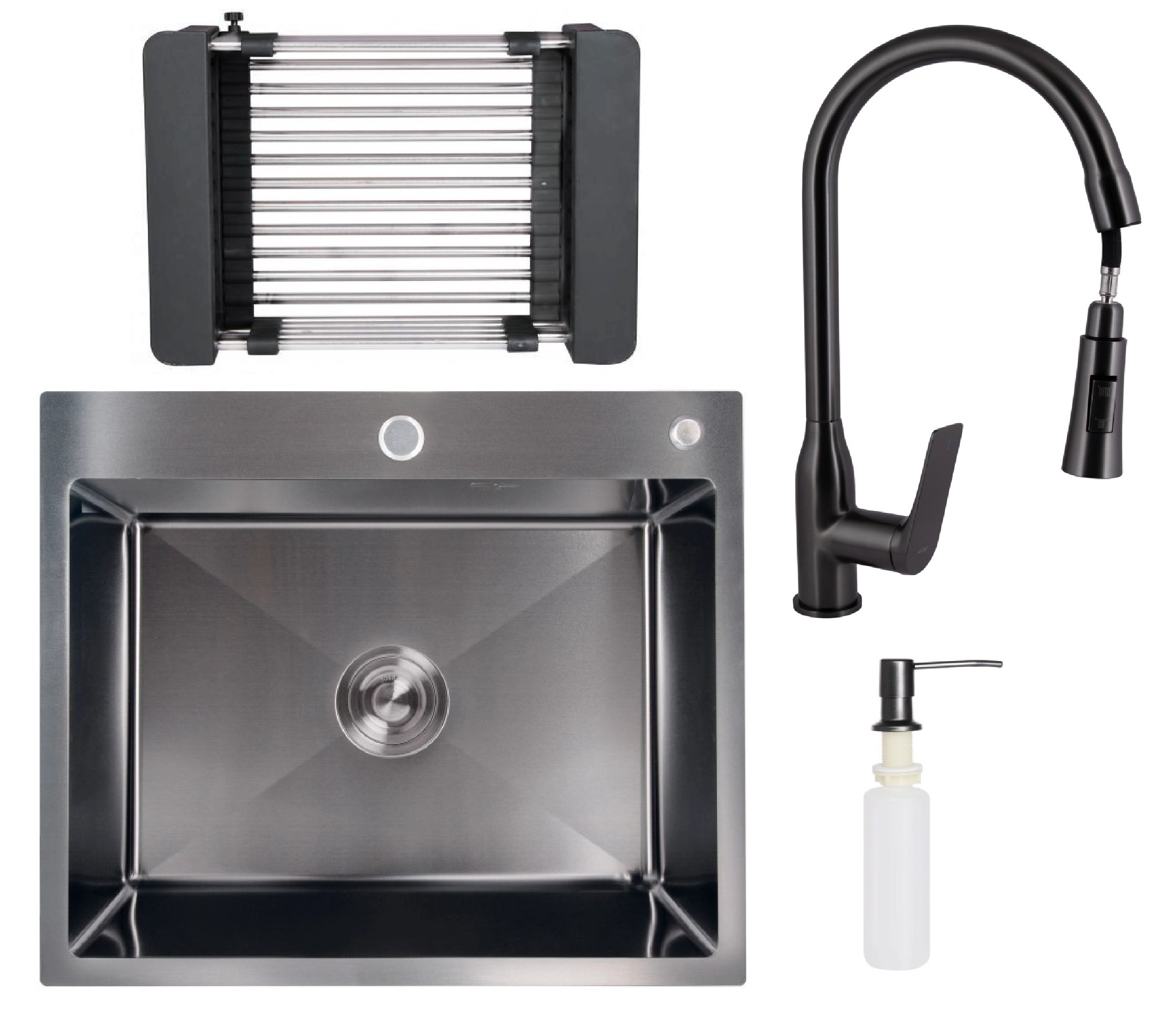 Кухонна мийка Lidz 60*50 Brush 3.0/1,0 (колір чорний) + змішувач для кухні Qtap