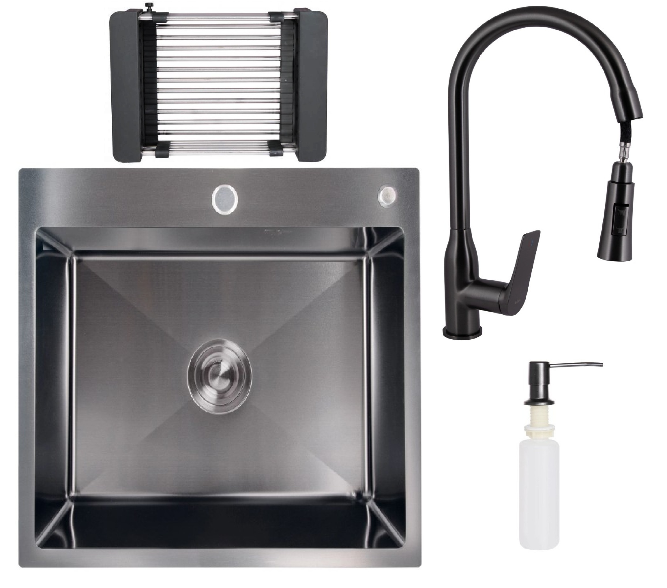 Кухонна мийка Lidz 50*50 Brush 3,0/1,0 (колір чорний) + змішувач для кухні Qtap