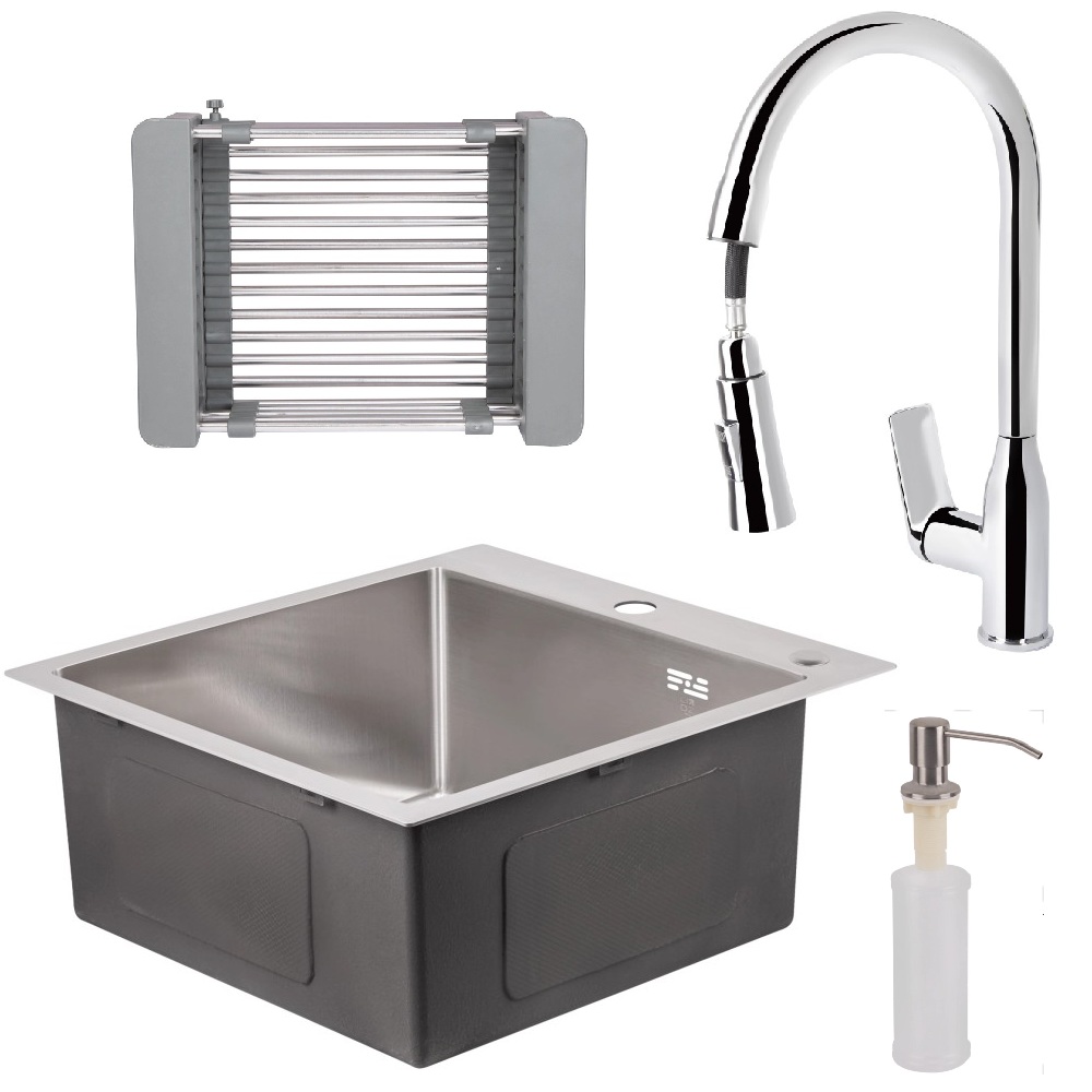 Кухонна мийка з нержавіючої сталі 50*50 Brush 3.0/1.0mm Lidz + Змішувач для кухні з висувним виливом