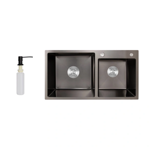 Кухонна мийка на дві чаші у чорному кольорі PVD Lidz 78*43 Brush 3,0/1,0 мм