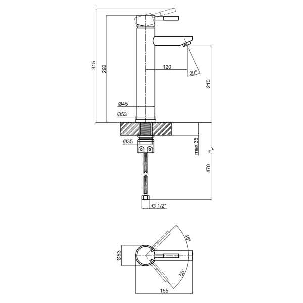 Змішувач для раковини високий вилив (нержавіюча сталь) Lidz