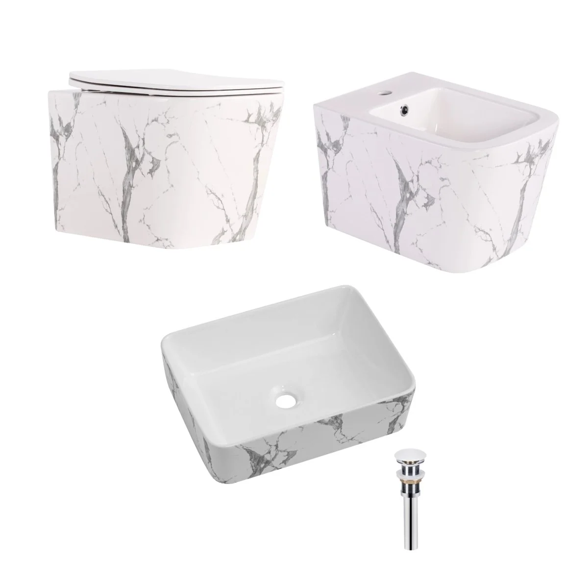 Комплект Qtap Tern Marble 3 в 1: підвісний унітаз Ultra Quiet + біде підвісне + раковина накладна