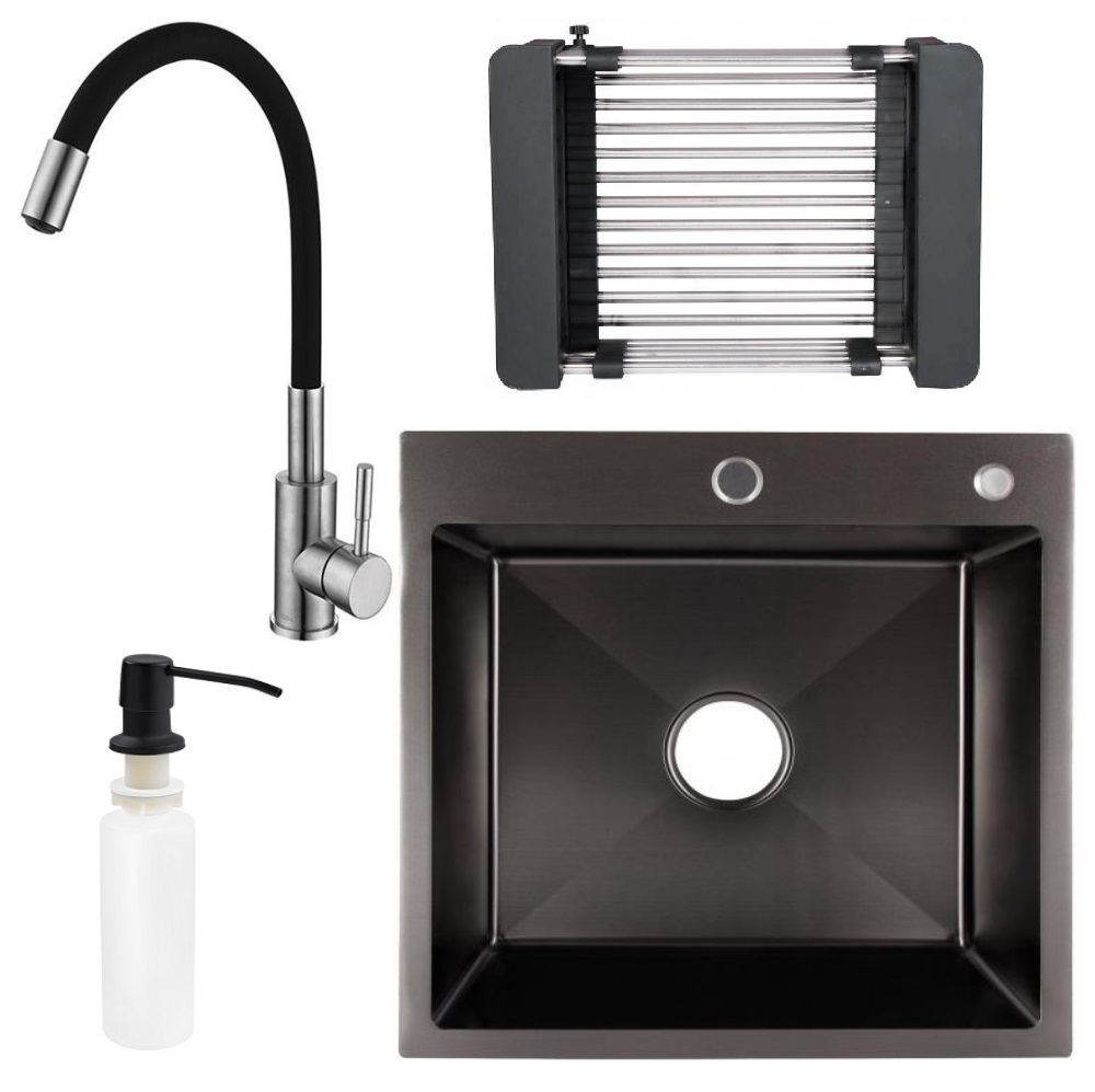 Кухонна мийка Lidz 50*50 Brush 3.0/1,0 (колір чорний) + змішувач для кухні Lidz