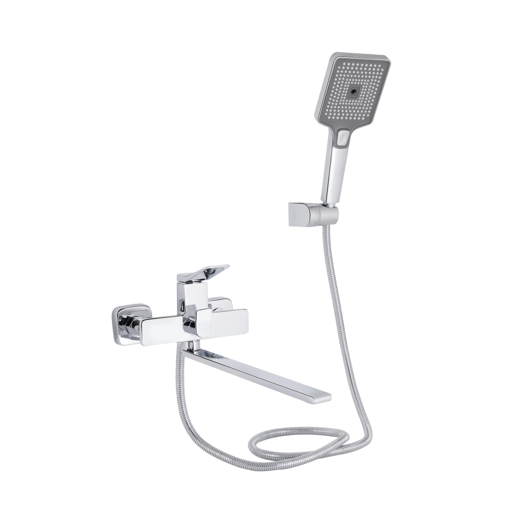 Змішувач для ванни з довгим поворотним виливом 350 мм (з душовим гарнітуром) Qtap Presto