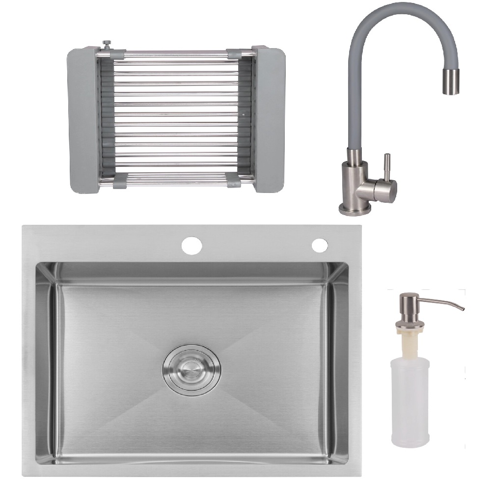 Комплект кухонна мийка Lidz 50*45 Brush 3.0/1,0 мм + змішувач з гнучким виливом Grey + кошик K01G