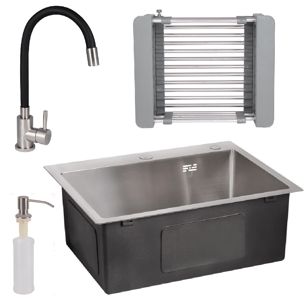 Кухонна мийка Lidz 50*45 Brush 3.0/1,0 мм + змішувач для кухні Lidz з гнучким виливом + кошик