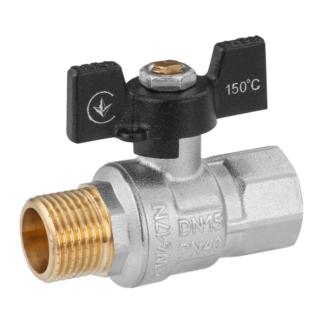 Кран кульовий Kroner 3/4" ВВ PN40 метелик, нікельований