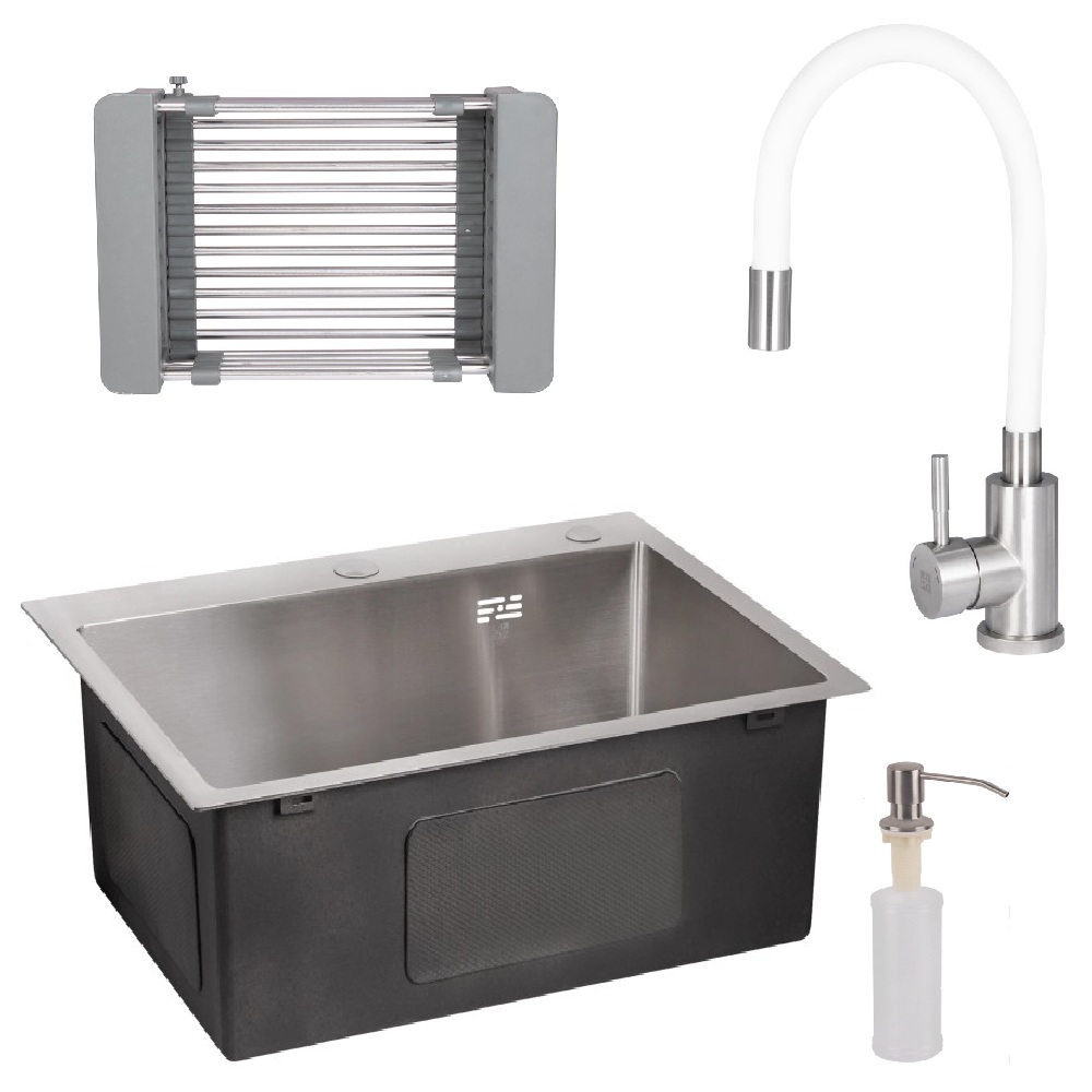 Комплект кухонна мийка Lidz 50*45 Brush 3.0/1,0 мм + змішувач з гнучким виливом White + кошик K01G