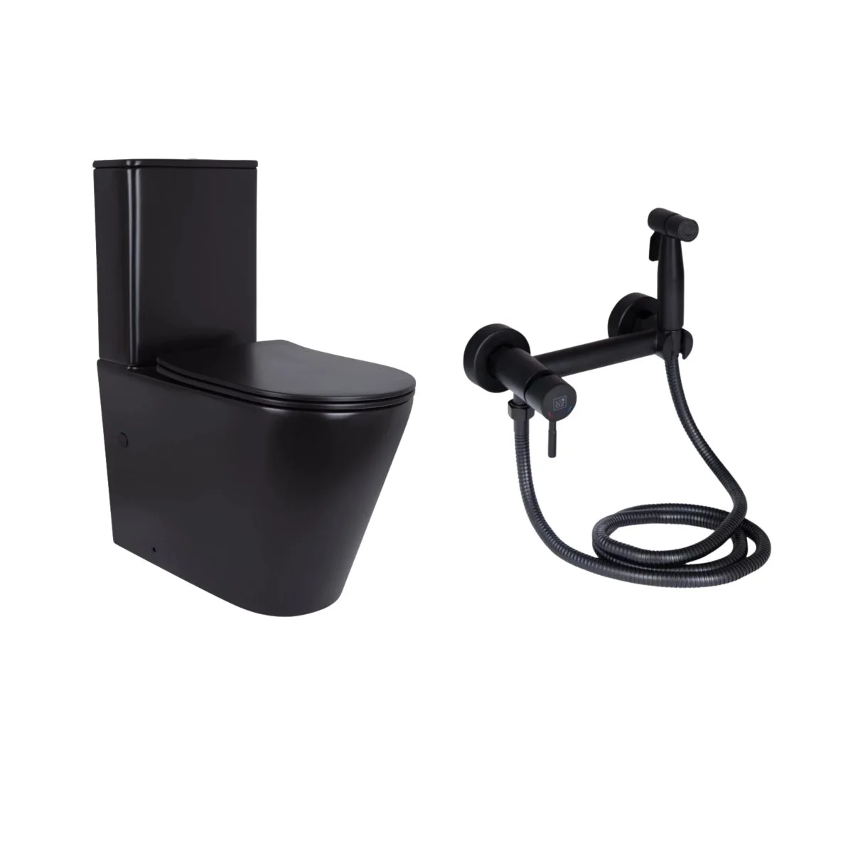 Комплект 2 в 1: підлоговий унітаз Qtap Scorpio Matt Black + набір гігієнічного душу Lidz Aria Black