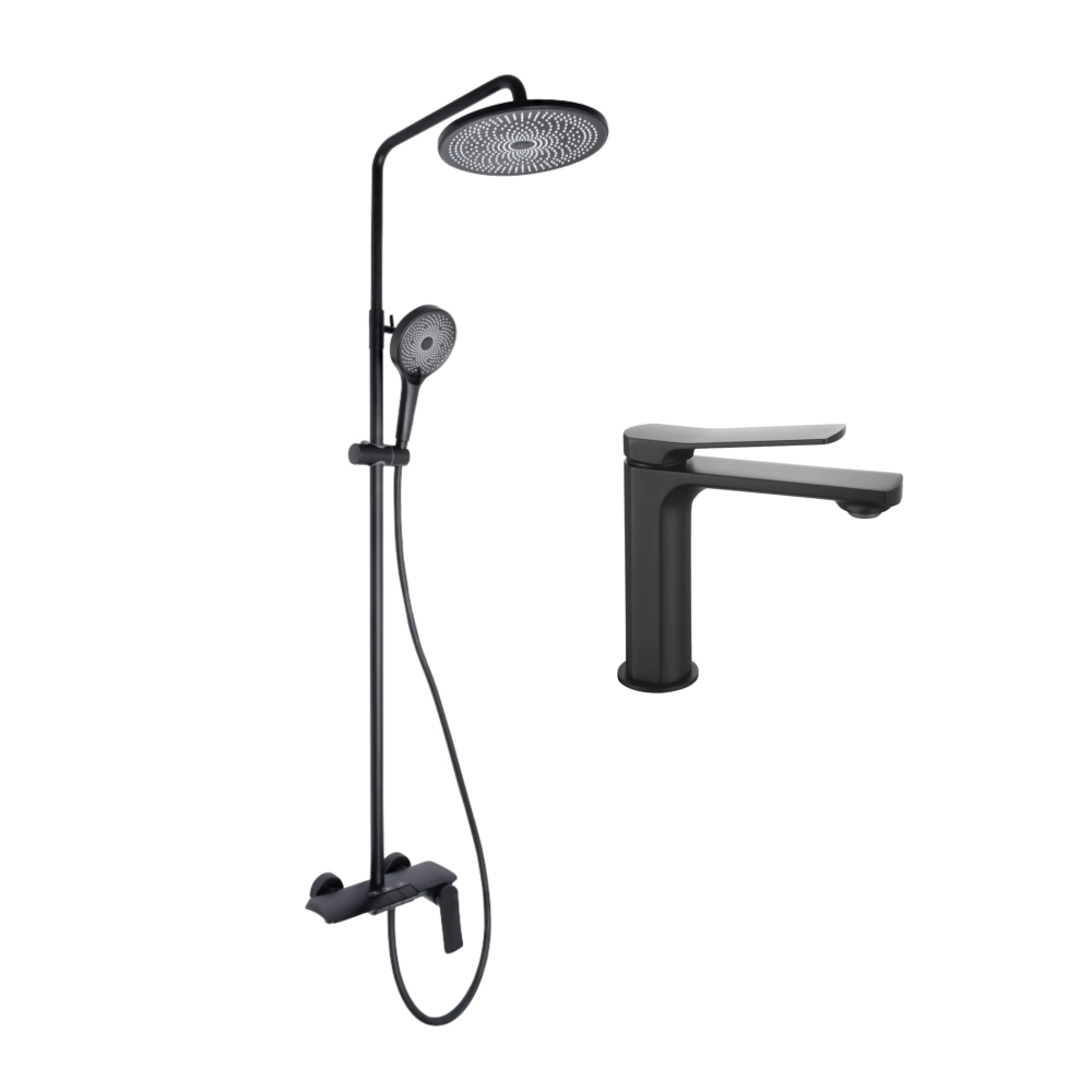 Комплект душова система на три споживача + Змішувач для раковини Qtap Slavonice у чорному кольорі