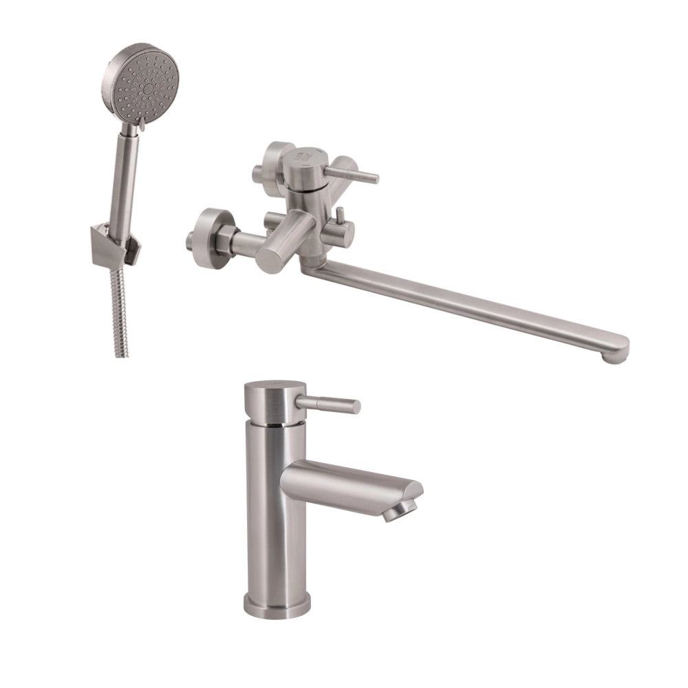 Комплект змішувачів Lidz Aria 005 для ванни довгий вилив (нержавіюча сталь) + Aria 001F для раковини