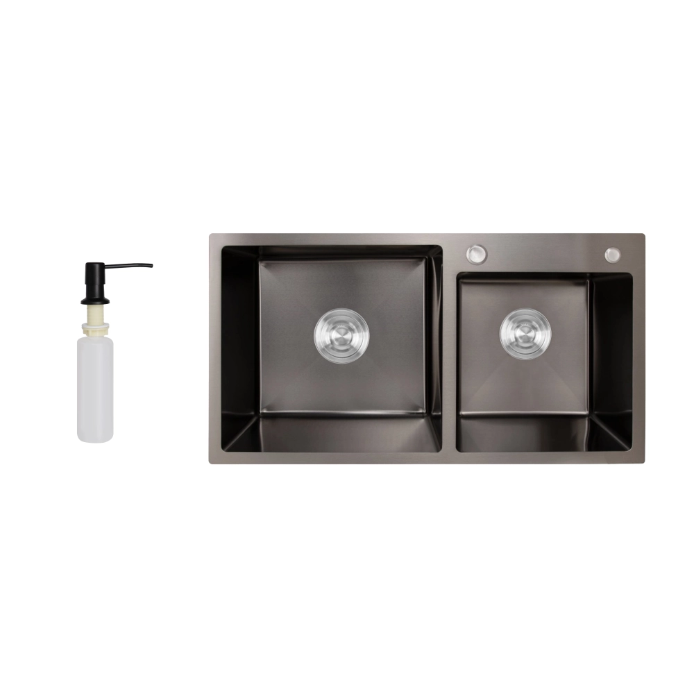 Кухонна мийка на дві чаші у чорному кольорі PVD Lidz 78*43 Brush 3,0/1,0 мм