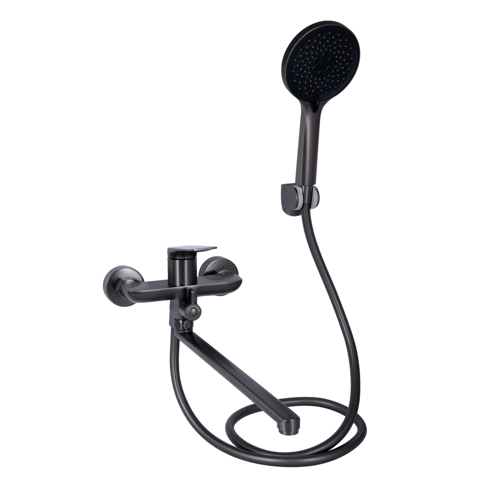 Змішувач для ванни з довгим виливом (з душовим гарнітуром) у кольорі збройна сталь Qtap Vlasta New