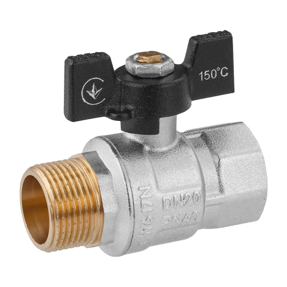 Кран кульовий Kroner 3/4" ВЗ PN40 метелик, нікельований