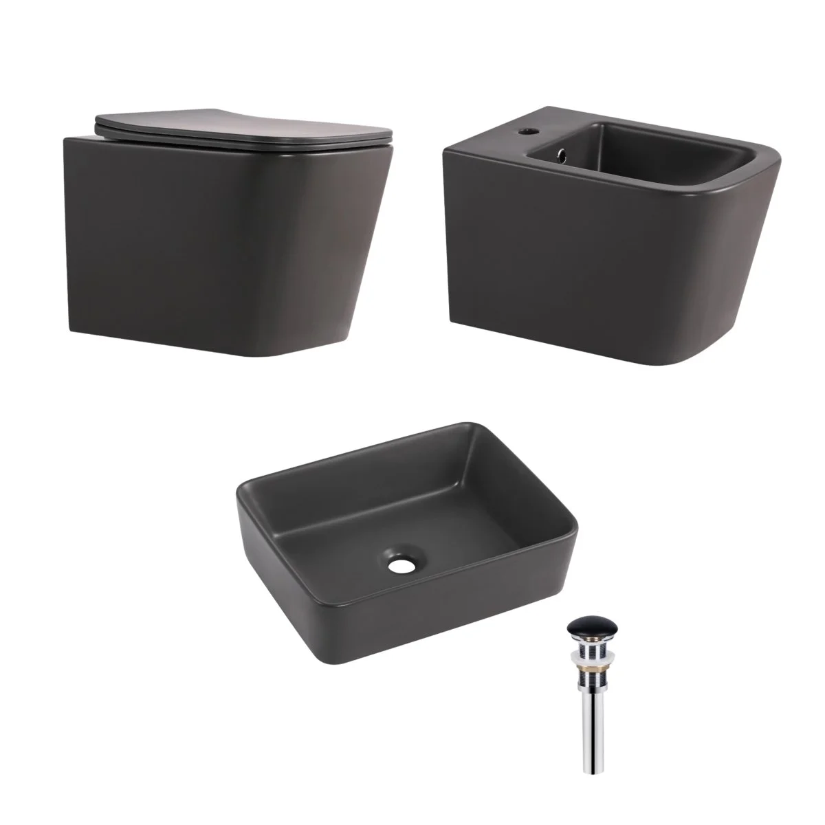 Комплект Qtap Tern Anthracite 3 в 1: підвісний унітаз Ultra Quiet + біде підвісне + раковина накладна