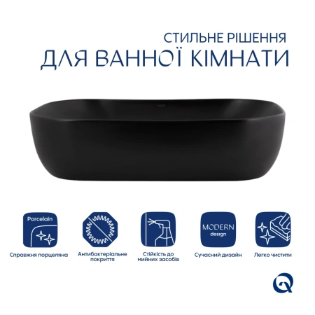 Раковина накладна прамокутна 600x390x150 мм у чорному кольорі Qtap Robin + Донний клапан