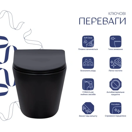 Унітаз підвісний у чорному кольорі 520x365x365 мм з сидінням з мікроліфтом Slim Duroplast Qtap Scorp