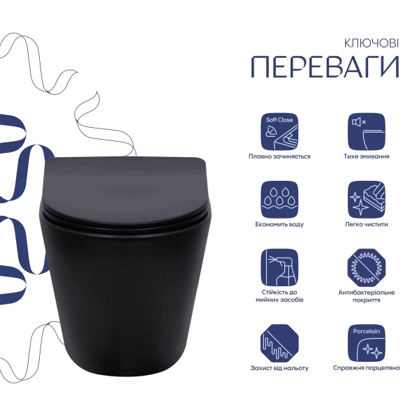 Унітаз підвісний у чорному кольорі 520x365x365 мм з сидінням з мікроліфтом Slim Duroplast Qtap Scorp