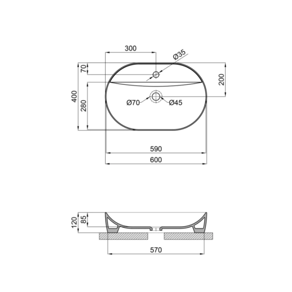 Раковина накладна овальна 600х400х120 мм, у чорному кольорі Qtap Scorpio