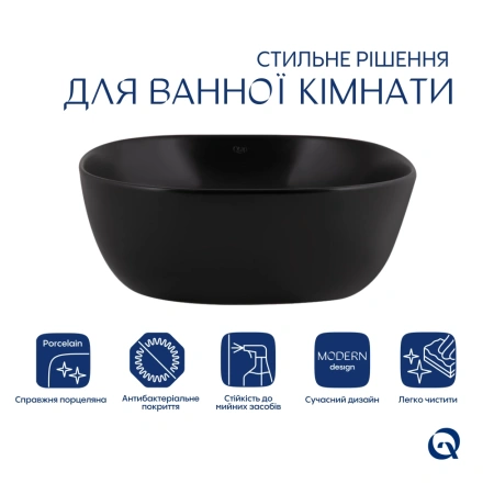Раковина накладна квадратна у чорному кольорі 400x400x140 мм, Qtap Kolibri