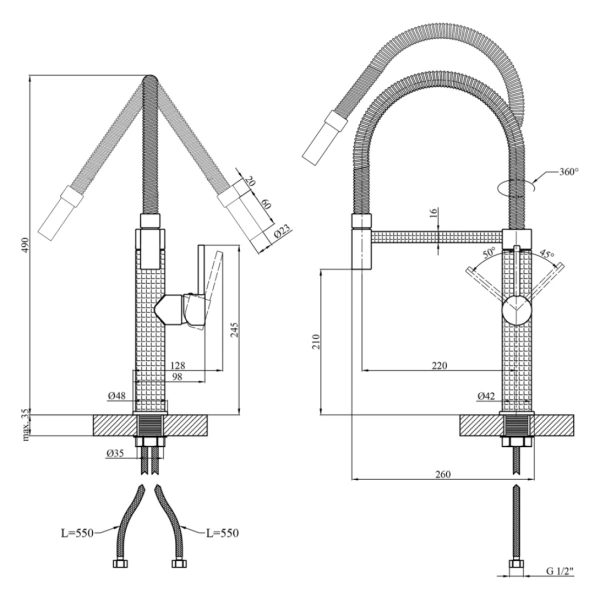 Змішувач для кухні з гнучким виливом у чорному кольорі Kroner KRP Ersel - SCH03999