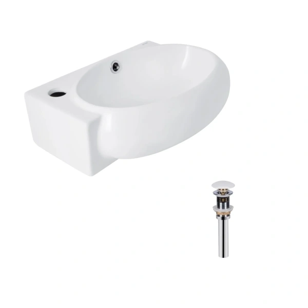 Комплект Qtap Leo: Раковина підвісна овальна ліва 430x285x160 мм White + Донний клапан PU02O