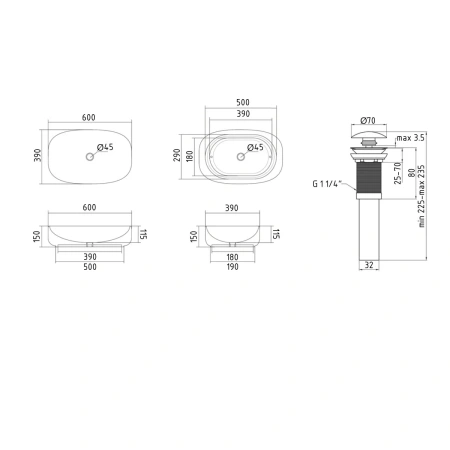 Раковина накладна Qtap Robin 600x390x150 мм, Stone grey, прямокутна, з донним клапаном