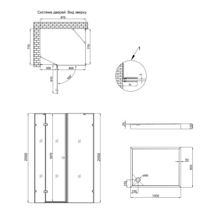Фото Набір Qtap душова кабіна Capricorn Clear 2020x1000x800 мм + піддон Tern 100x80x12 см з сифоном