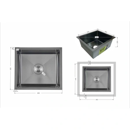 Фото Мийка для кухні Lidz Handmade 480x430 мм графіт під стільницю 3,0/1,0 мм Brushed Black PVD