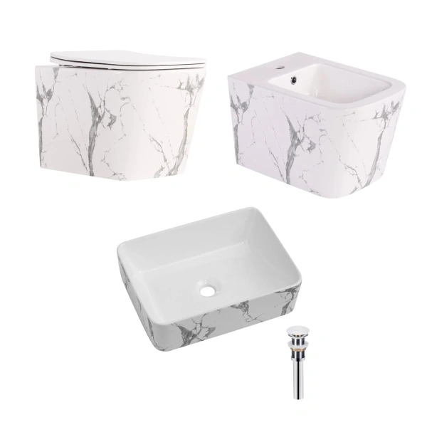 Комплект Qtap Tern Marble 3 в 1: підвісний унітаз Ultra Quiet + біде підвісне + раковина накладна