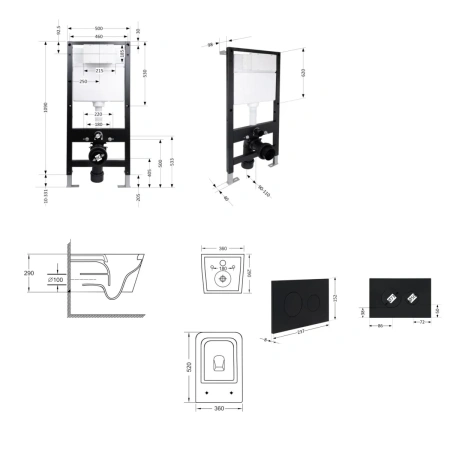 Готове рішення Qtap для ванної кімнати: підвісний унітаз Crow Ultra Quiet 520x360x290 + комплект інсталяції Standard (кругла клавіша Black)