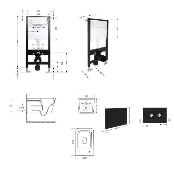 Готове рішення Qtap для ванної кімнати: підвісний унітаз Crow Ultra Quiet 520x360x290 + комплект інсталяції Standard (кругла клавіша Black)