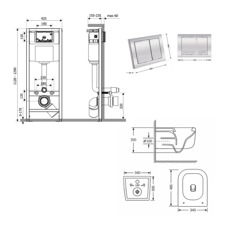 Готове рішення Qtap для ванної кімнати: підвісний унітаз Gemini Ultra Quiet 485×340×350 + комплект інсталяції Nest 4 в 1 (квадратна клавіша Chrome)