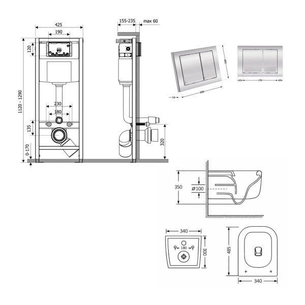 Готове рішення Qtap для ванної кімнати: підвісний унітаз Gemini Ultra Quiet 485×340×350 + комплект інсталяції Nest 4 в 1 (квадратна клавіша Chrome)