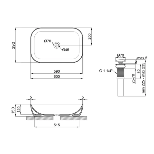 Раковина накладна прамокутна 600x390x150 мм біла Qtap Robin + Донний клапан