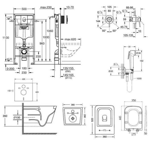 Комплект унітаз з сидінням Qtap Crow + інсталяція Grohe Rapid SL + набір для гігієнічного душу