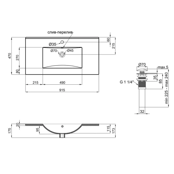 Раковина врізна прямокутна Qtap 910x470x180 White з донним клапаном QT0111750690W