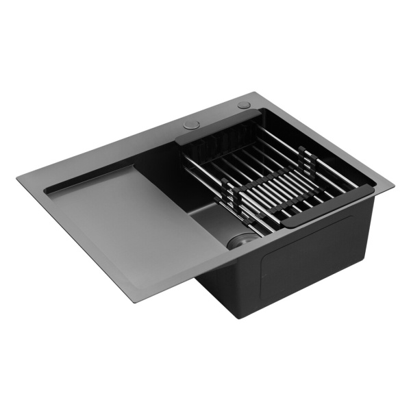 Кухонна мийка Kroner KRP Schwarze - 6350RHM PVD (3.0/1.0 мм) крило ліворуч