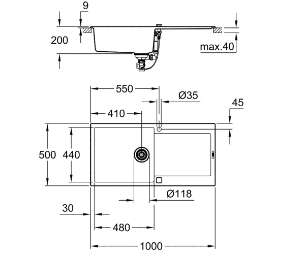 Фото Мийка з крилом 100 см GROHE K-SERIES K 500