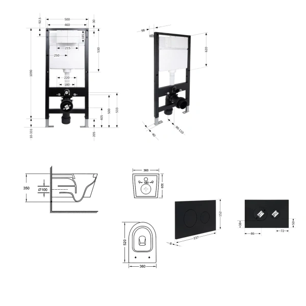 Готове рішення Qtap для ванної кімнати: підвісний унітаз Swan Ultra Quiet 520x360x320 + комплект інсталяції Standard (кругла клавіша Black)