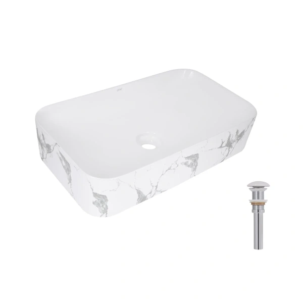 Раковина накладна Qtap Tern Раковина накладна 610x350x135 мм, Marble, прямокутна, з донним клапаном