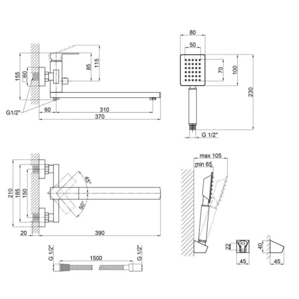 Змішувач для ванни (нержавіюча сталь) з виливом 310 мм. + Змішувач для раковини Lidz
