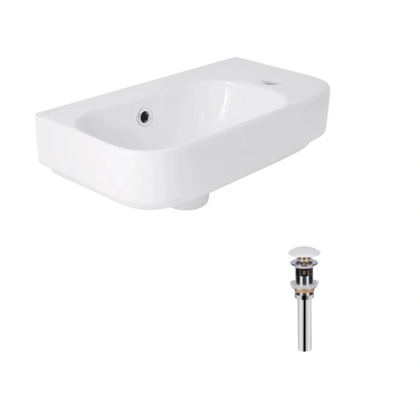 Комплект Qtap Tern: Раковина підвісна прамокутна права 450х250х158 мм White + Донний клапан PU02O
