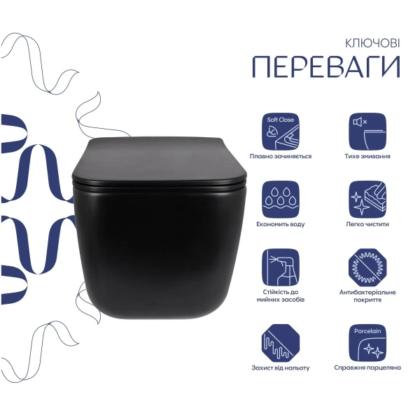 Унітаз підвісний Qtap Gemini Ultra Quiet 485×340×350 мм, Matt Black, з сидінням Slim Duroplast / Soft-close / Quick Release