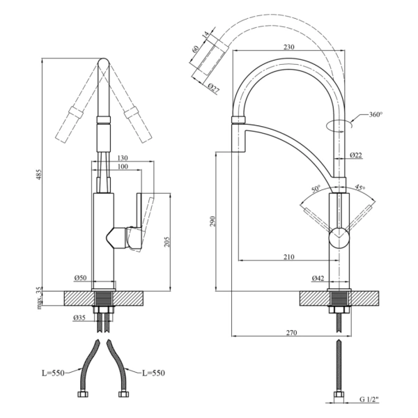 Змішувач для кухні з гнучким виливом Kroner KRP Ersel - C03900BLK 