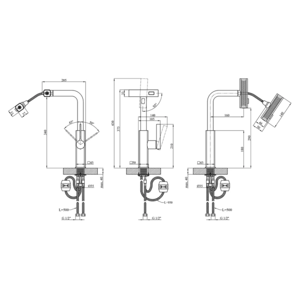 Змішувач для кухні з висувним виливом (Графіт) Kroner KRP Edelstahl Klassisch - PVD03918
