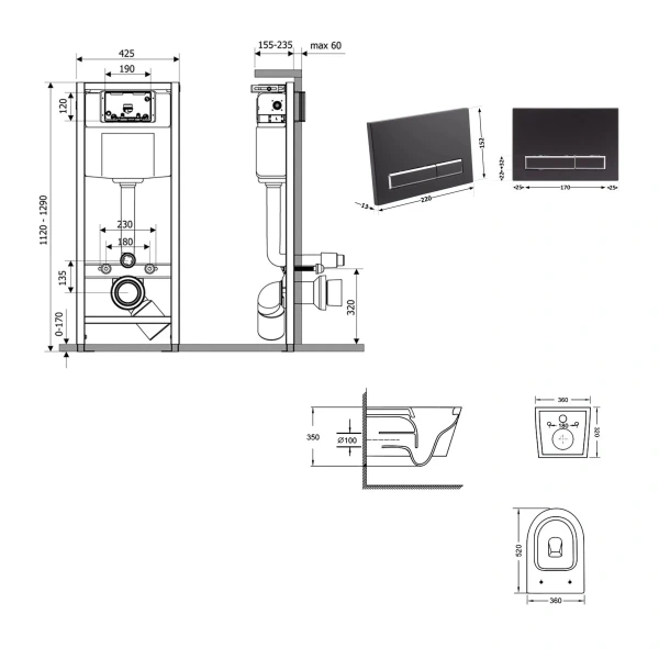 Готове рішення Qtap для ванної кімнати: підвісний унітаз Swan Ultra Quiet 520x360x320 + комплект інсталяції Nest 4 в 1 (лінійна клавіша Matt Black)