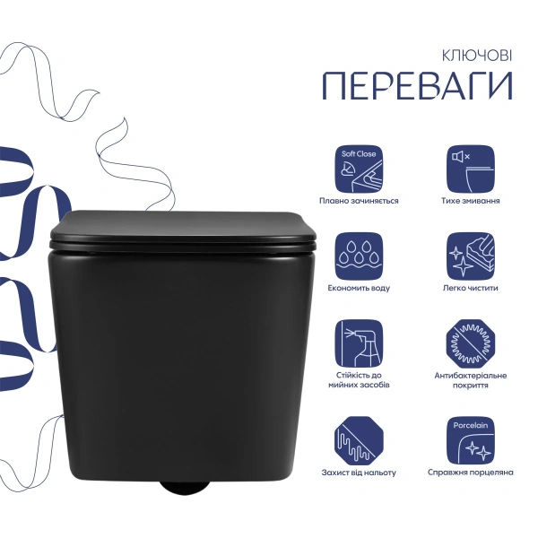 Унітаз підвісний у чорному кольорі 485×340×290 мм з сидінням з мікроліфтом Slim Duroplast Qtap Crow