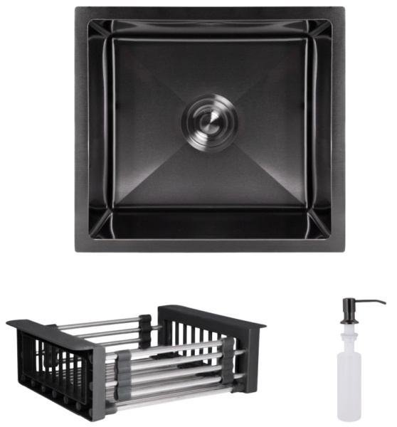 Мийка для кухні Lidz Handmade 480x430 мм графіт під стільницю Brushed Black PVD + кошик
