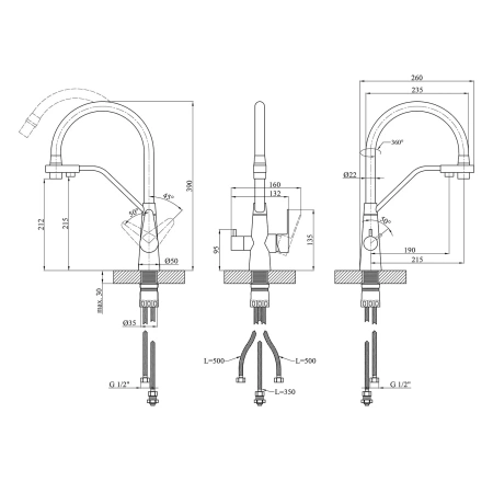 Змішувач для кухні на дві води з гнучким виливом Kroner Klassisch